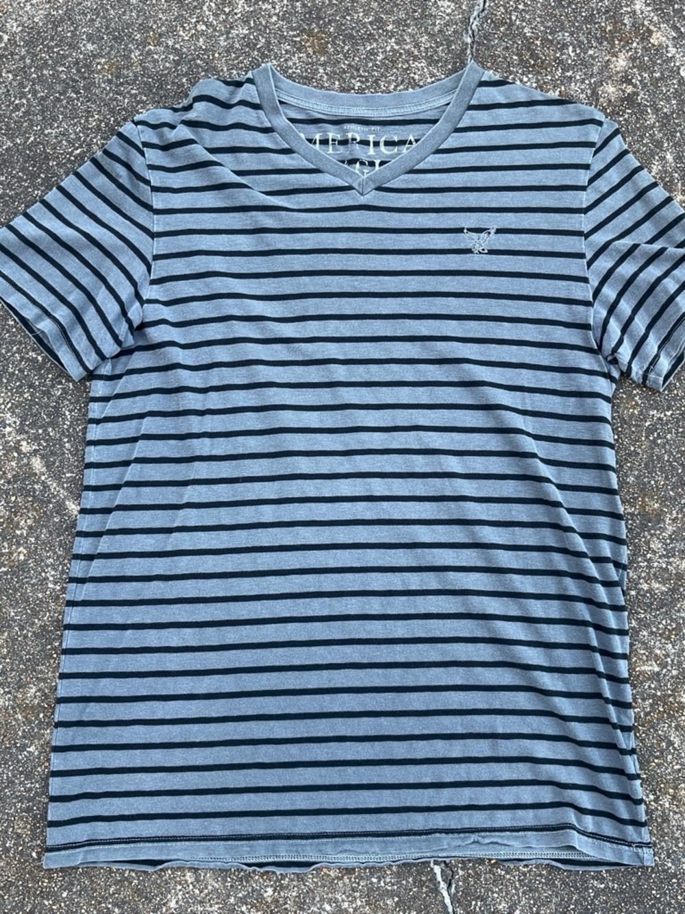 American Eagle Outfitters Light Blue and Black Striped V-Neck Tee